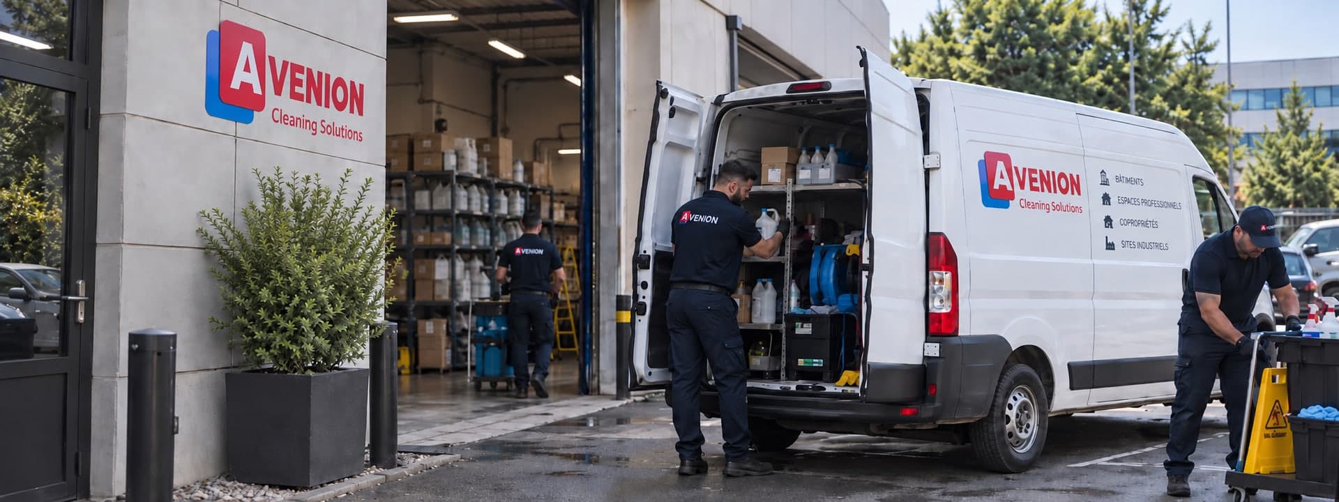 Équipe Avenion chargeant le matériel dans une camionnette devant le dépôt