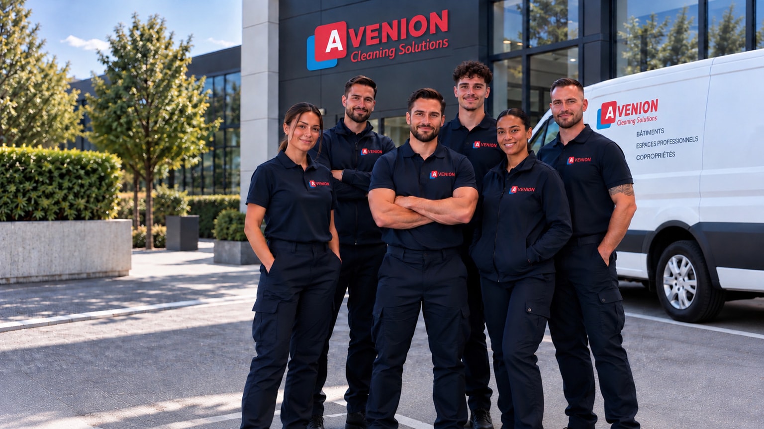 L'équipe Avenion Cleaning Solutions devant le siège de l'entreprise