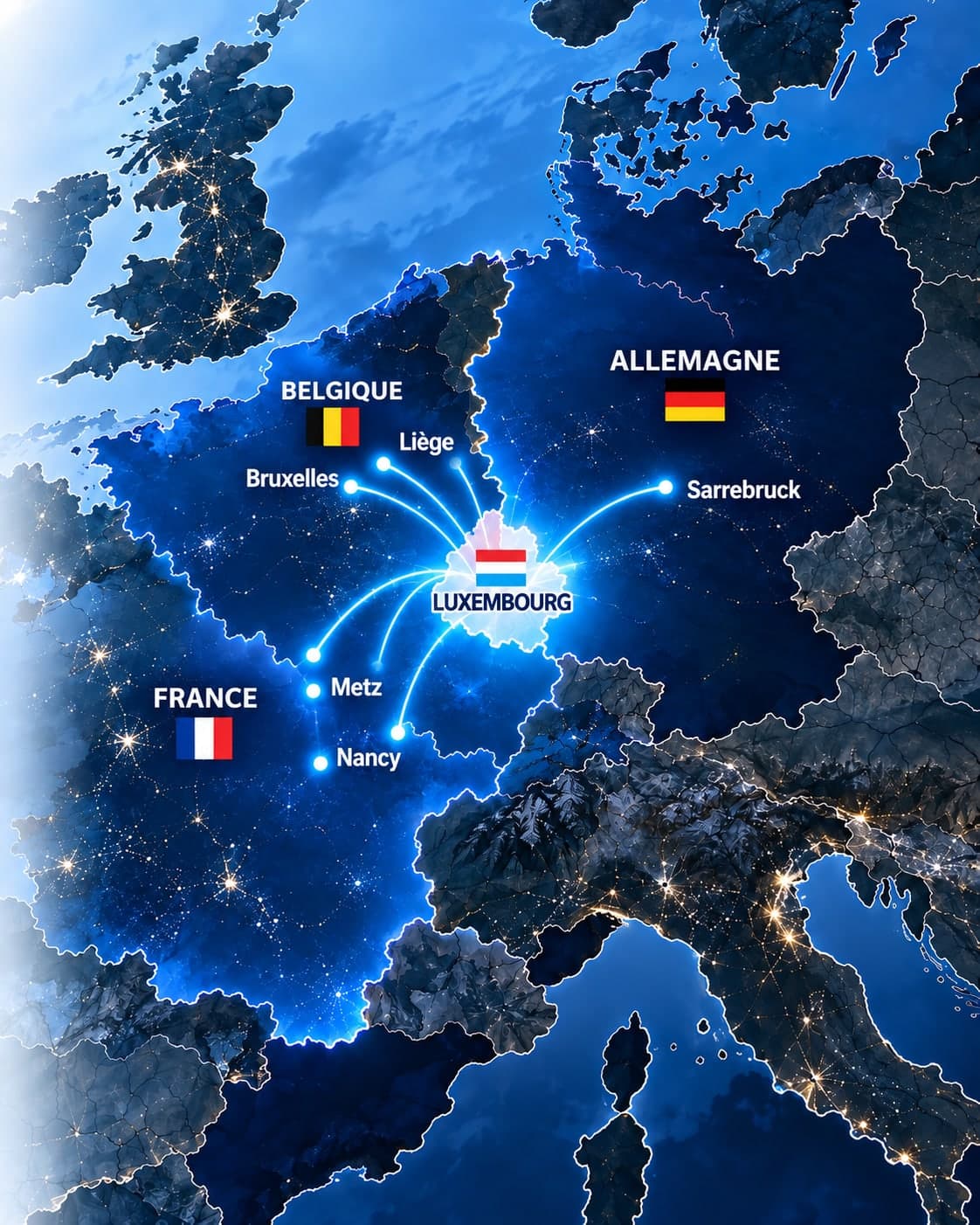 Carte de la Grande Région : Luxembourg relié à Bruxelles, Liège, Sarrebruck, Metz et Nancy