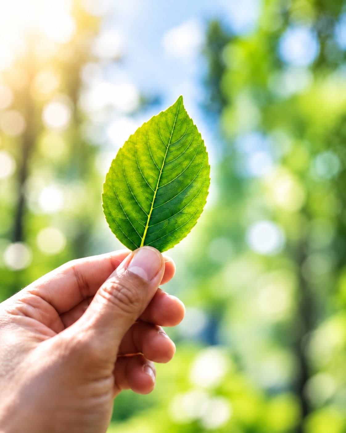 Feuille verte tenue à la main devant un sous-bois ensoleillé