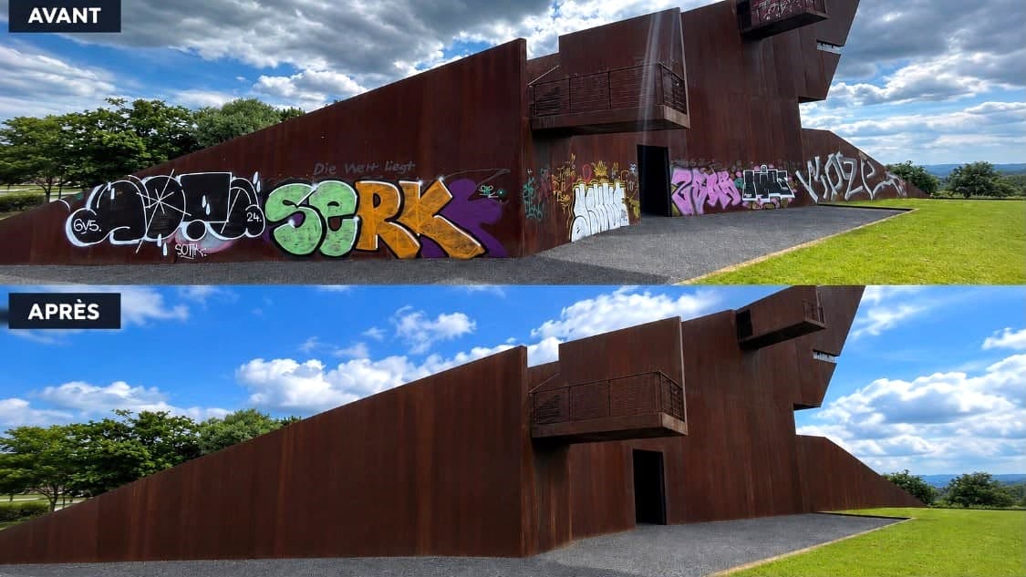 Mur en acier corten avant et après élimination des graffitis par Avenion