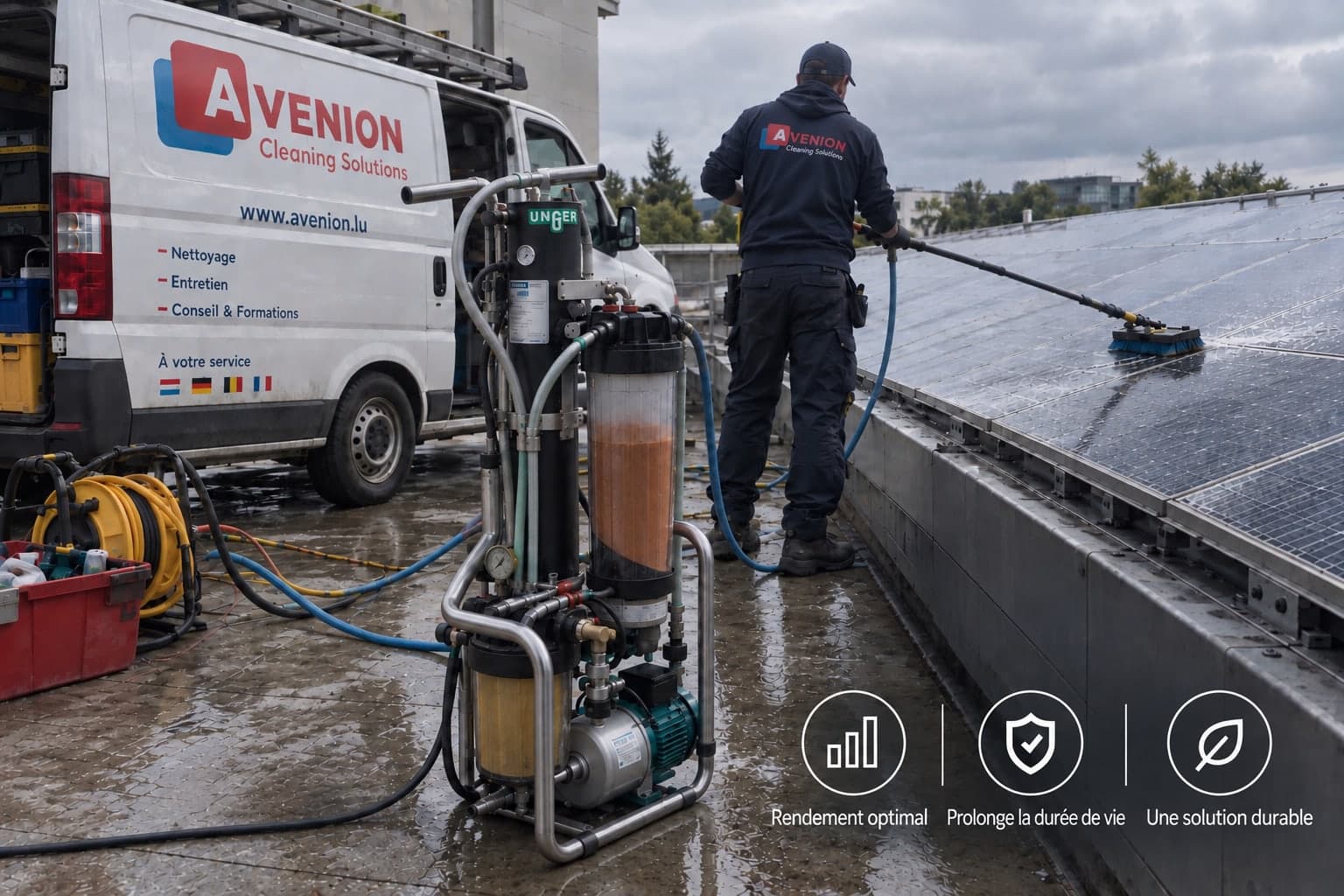 Technicien Avenion nettoyant des panneaux photovoltaïques avec le système d'osmose inversée UNGER