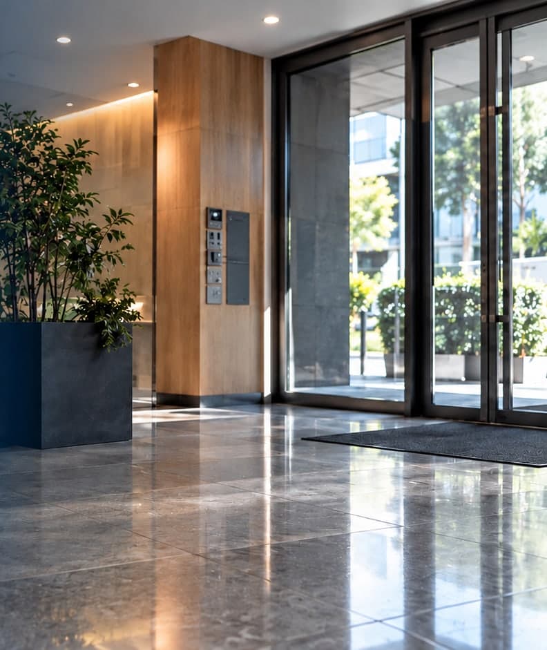 Hall d'accueil moderne aux sols en pierre polie entretenu par les équipes Avenion