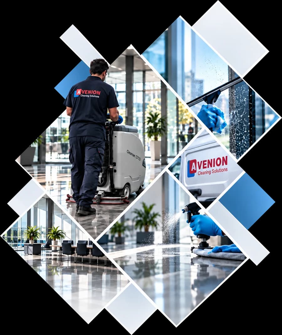 Collage en losanges : agent Avenion à l'autolaveuse dans un hall, lavage de vitres, camionnette Avenion, pulvérisation et entretien des sols