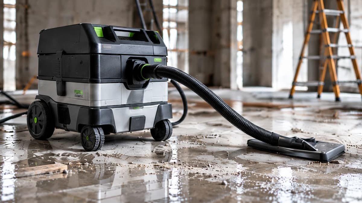 Aspirateur de chantier professionnel sur un sol en béton
