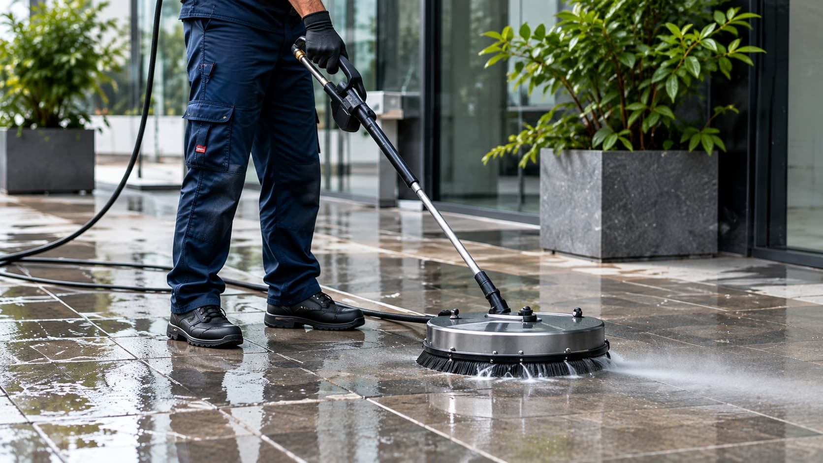 Nettoyage haute pression d'une terrasse par un technicien Avenion