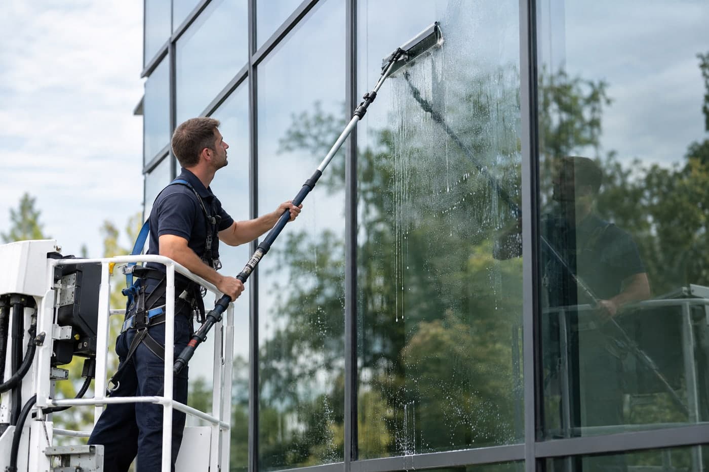 Technicien Avenion nettoyant une façade vitrée depuis une nacelle